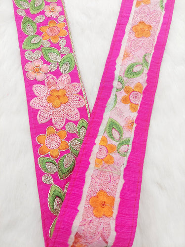 Fuchsia Pink Silk Fabric Embroidered Trim, Floral Embroidery Indian Sari Border Trim By Yard Decorative Trim Craft Lace, Sequins Trim